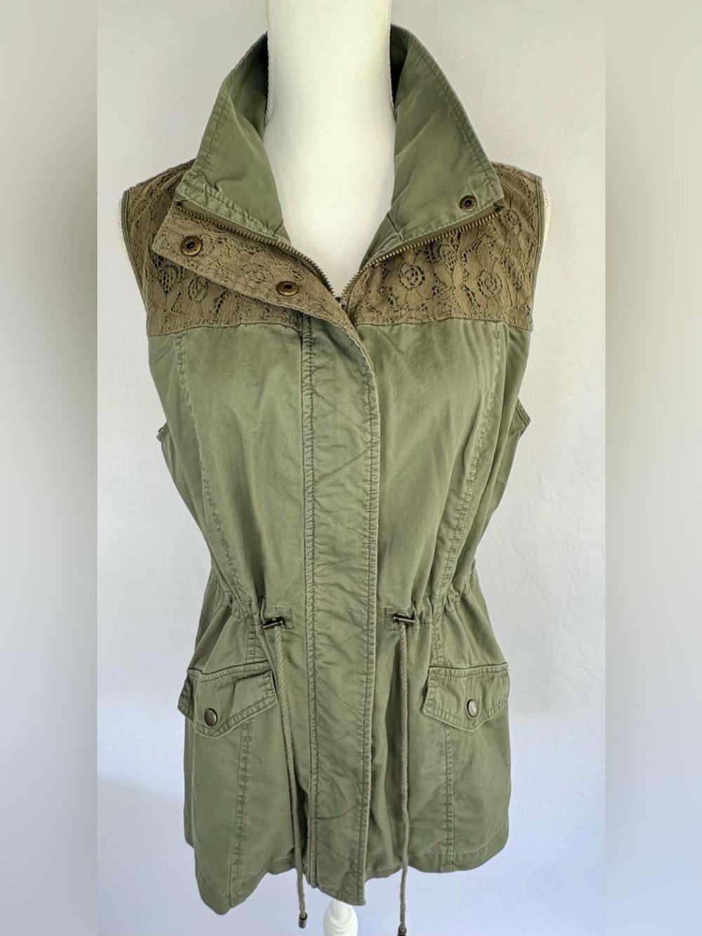 Olive Lace-Yoke Utility Vest - Women